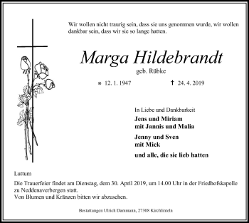 Traueranzeige von Marga Hildebrandt von SYK