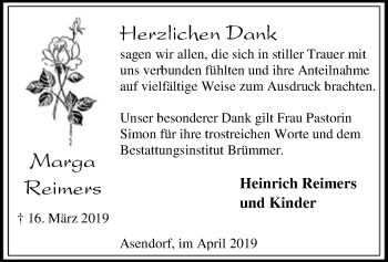 Traueranzeige von Marga Reimers von SYK