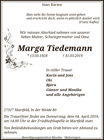 Traueranzeige von Marga Tiedemann von SYK