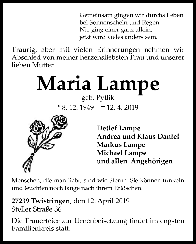  Traueranzeige für Maria Lampe vom 13.04.2019 aus SYK