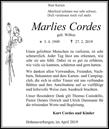 Traueranzeige von Marlies Cordes von SYK