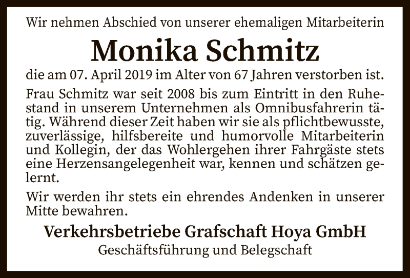  Traueranzeige für Monika Schmitz vom 16.04.2019 aus SYK