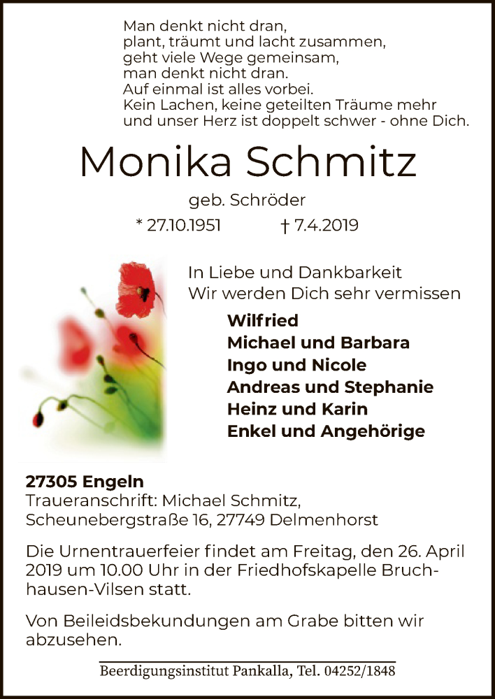  Traueranzeige für Monika Schmitz vom 13.04.2019 aus SYK