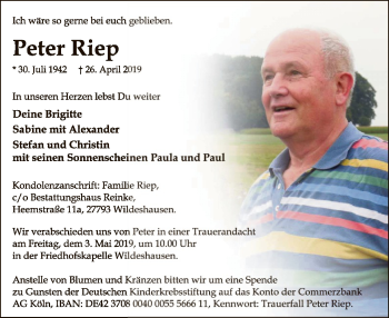 Traueranzeige von Peter Riep von SYK