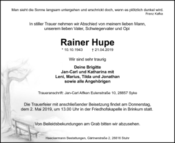 Traueranzeige von Rainer Hupe von SYK