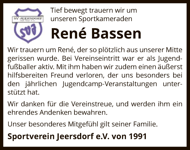  Traueranzeige für René Bassen vom 26.04.2019 aus SYK