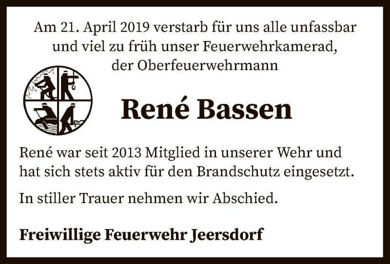  Traueranzeige für René Bassen vom 26.04.2019 aus SYK