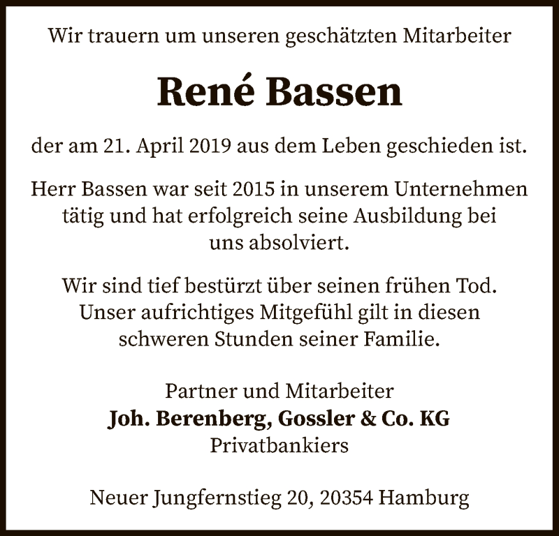  Traueranzeige für René Bassen vom 26.04.2019 aus SYK