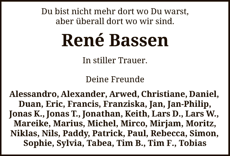  Traueranzeige für René Bassen vom 26.04.2019 aus SYK