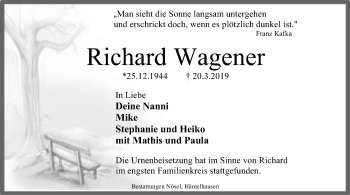 Traueranzeige von Richard Wagener von SYK