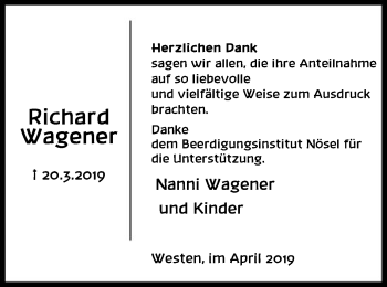 Traueranzeige von Richard Wagener von SYK