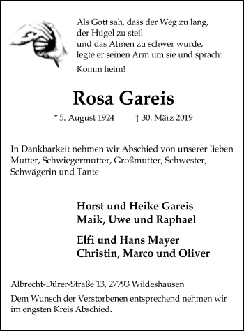 Traueranzeige von Rosa Gareis von SYK