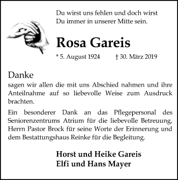 Traueranzeige von Rosa Gareis von SYK