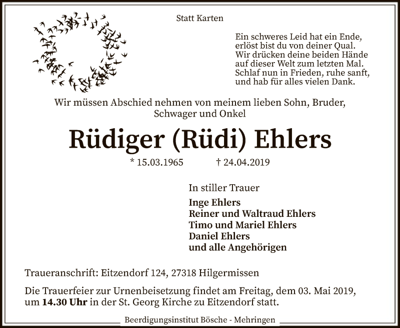 Traueranzeige für Rüdiger Ehlers vom 27.04.2019 aus SYK