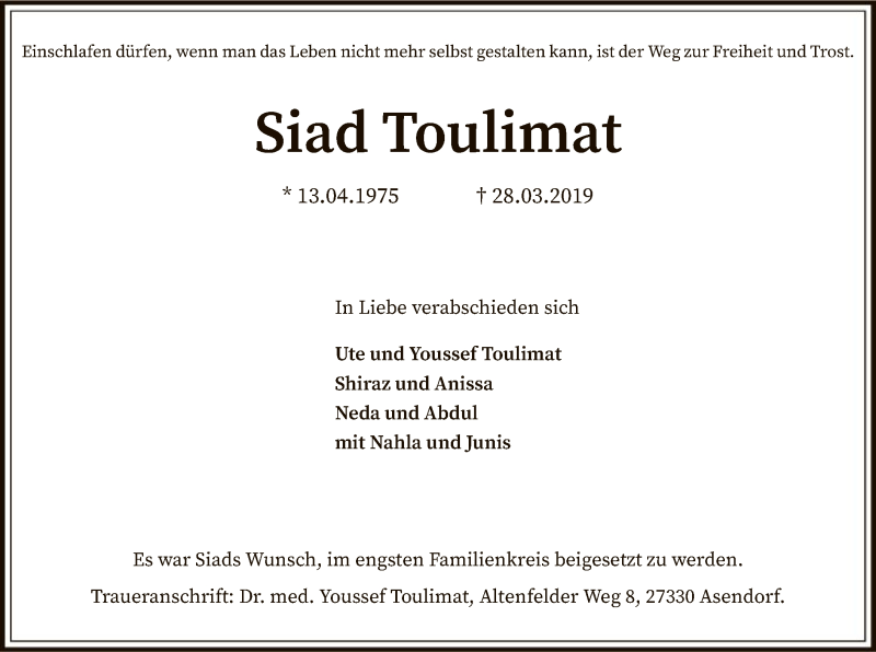  Traueranzeige für Siad Toulimat vom 05.04.2019 aus SYK