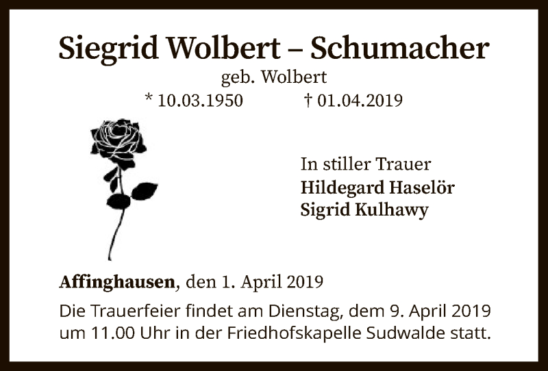  Traueranzeige für Siegrid Wolbert-Schumacher vom 05.04.2019 aus SYK