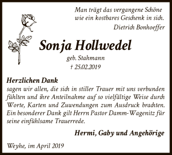 Traueranzeige von Sonja Hollwedel von SYK