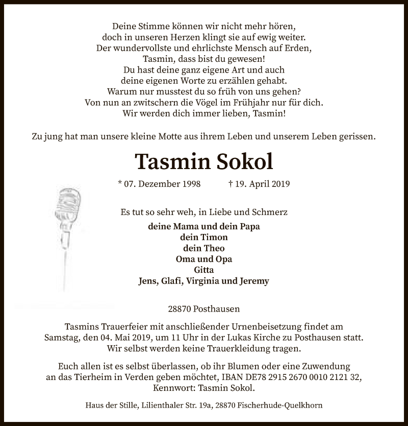  Traueranzeige für Tasmin Sokol vom 27.04.2019 aus SYK