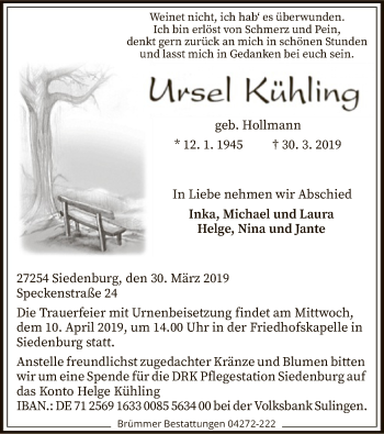 Traueranzeige von Ursel Kühling von SYK