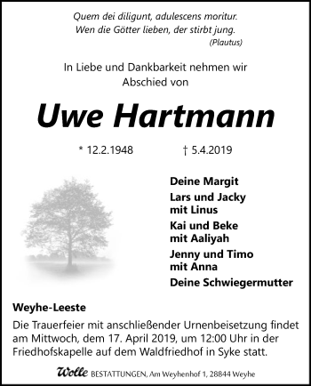 Traueranzeige von Uwe Hartmann von SYK