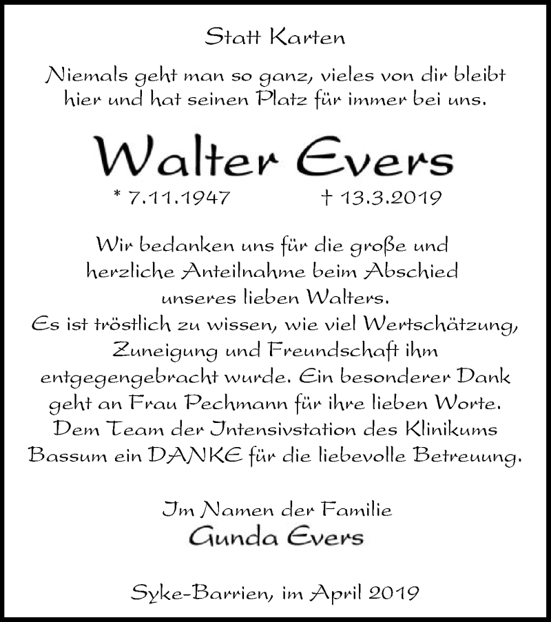  Traueranzeige für Walter Evers vom 20.04.2019 aus SYK
