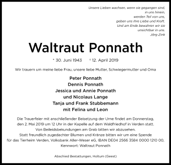 Traueranzeige von Waltraut Ponnath von SYK