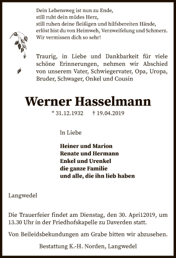 Traueranzeige von Werner Hasselmann von SYK