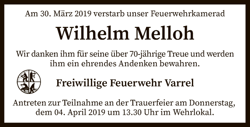  Traueranzeige für Wilhelm Melloh vom 02.04.2019 aus SYK