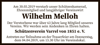 Traueranzeige von Wilhelm Melloh von SYK