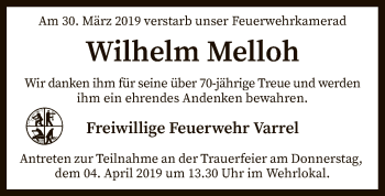 Traueranzeige von Wilhelm Melloh von SYK