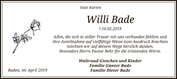 Traueranzeige von Willi Bade von SYK