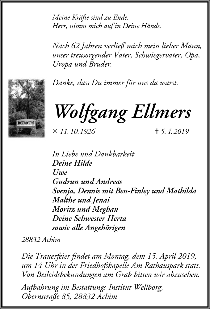  Traueranzeige für Wolfgang Ellmers vom 09.04.2019 aus SYK