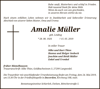 Traueranzeige von Amalie Müller von SYK