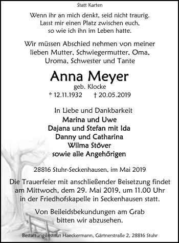 Traueranzeige von Anna Meyer von SYK