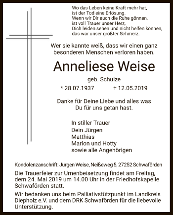 Traueranzeige von Anneliese Weise von SYK