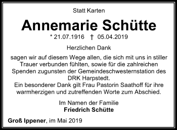 Traueranzeige von Annemarie Schütte von SYK