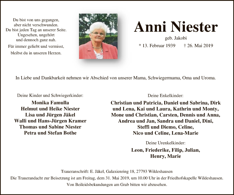  Traueranzeige für Anni Niester vom 29.05.2019 aus SYK