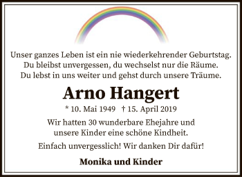 Traueranzeige von Arno Hangert von SYK