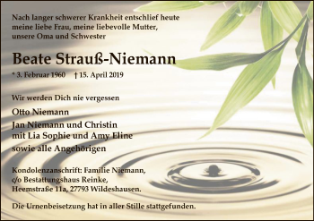 Traueranzeige von Beate Strauß-Niemann von SYK