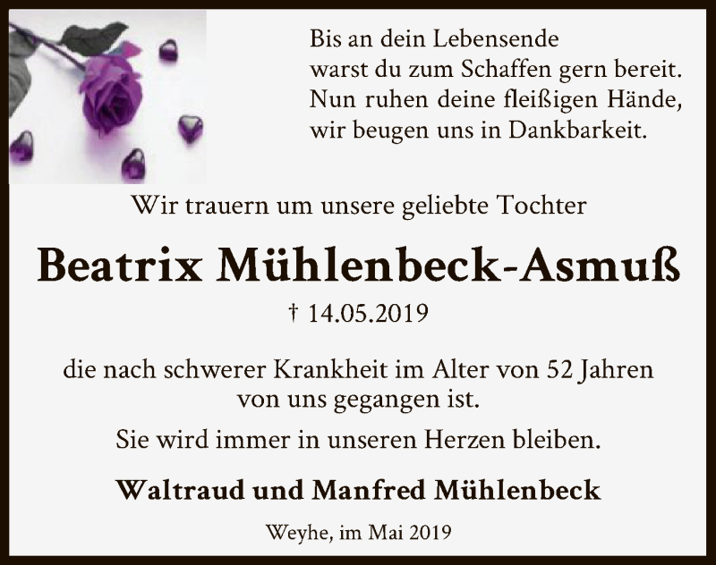  Traueranzeige für Beatrix Mühlenbeck-Asmuß vom 17.05.2019 aus SYK