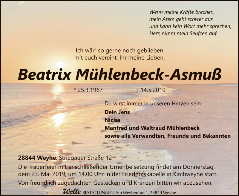  Traueranzeige für Beatrix Mühlenbeck-Asmuß vom 18.05.2019 aus SYK