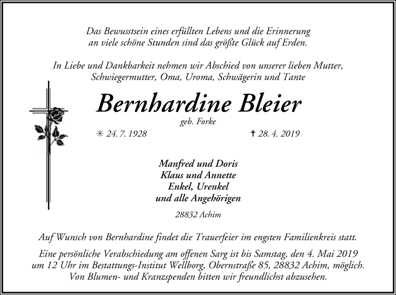  Traueranzeige für Bernhardine Bleier vom 02.05.2019 aus SYK
