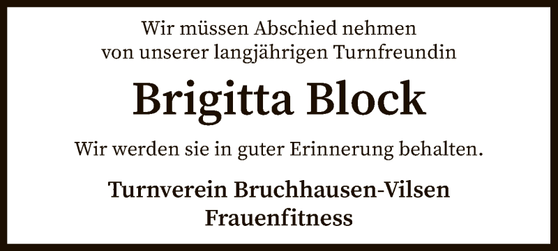  Traueranzeige für Brigitta Block vom 10.05.2019 aus SYK