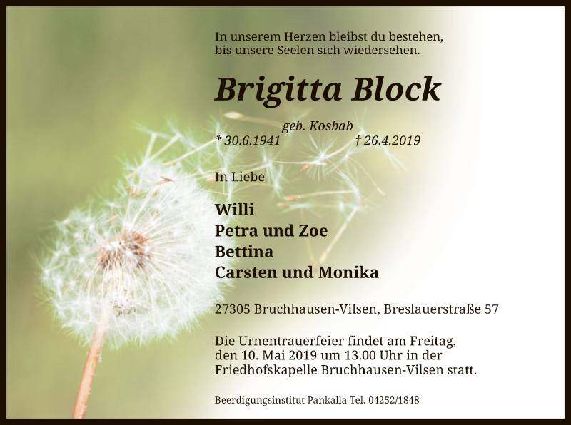  Traueranzeige für Brigitta Block vom 04.05.2019 aus SYK