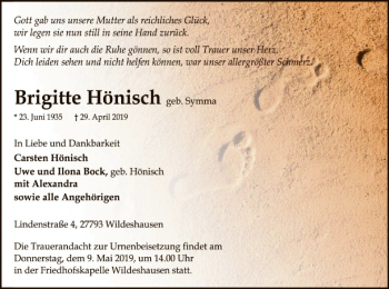 Traueranzeige von Brigitte Hönisch von SYK