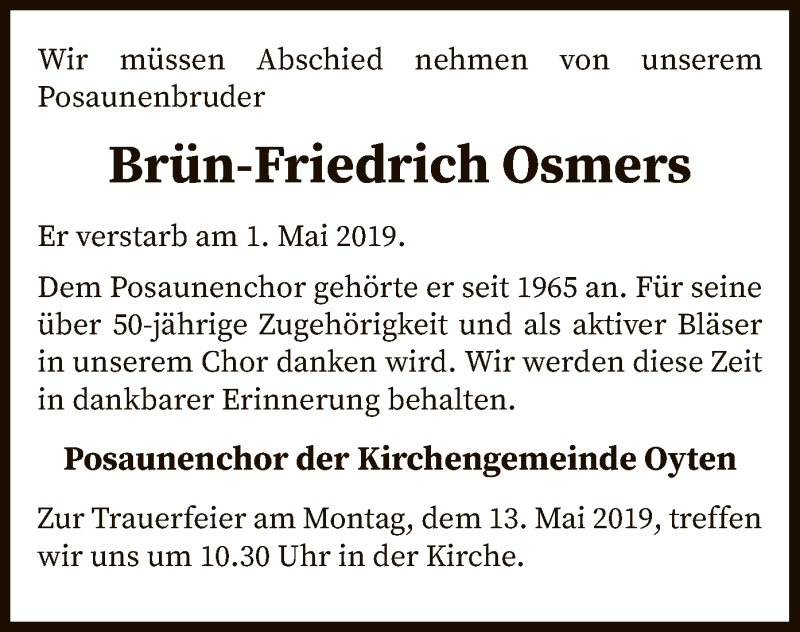 Traueranzeige für Brün-Friedrich Osmers vom 07.05.2019 aus SYK