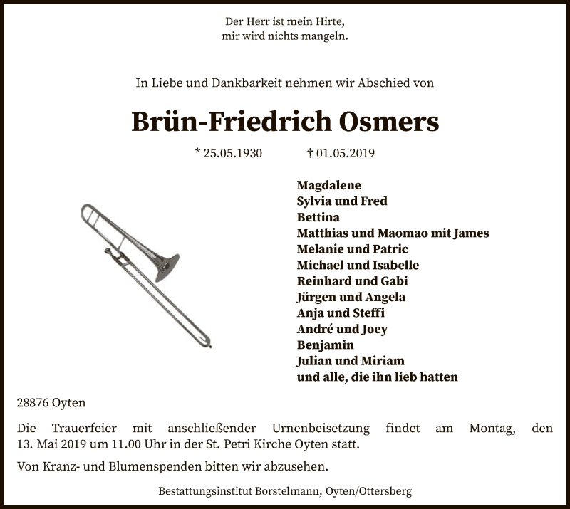  Traueranzeige für Brün-Friedrich Osmers vom 04.05.2019 aus SYK