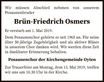 Traueranzeige von Brün-Friedrich Osmers von SYK