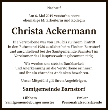 Traueranzeige von Christa Ackermann von SYK