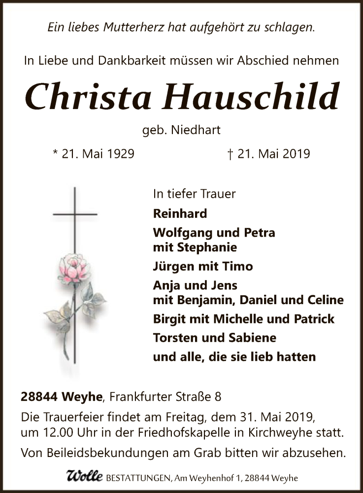  Traueranzeige für Christa Hauschild vom 27.05.2019 aus SYK